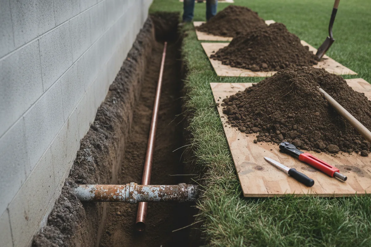 Excavated water line trench during Sewer Line Repair in Grass Valley
